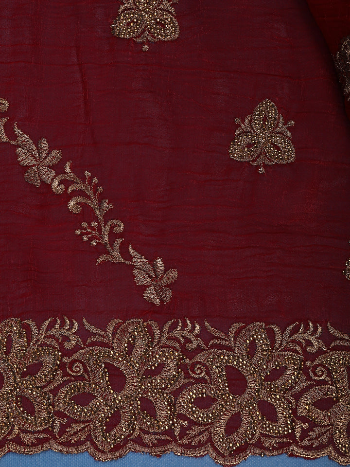 Deep Maroon Floral Embroidered Chiffon Saree - Diadem