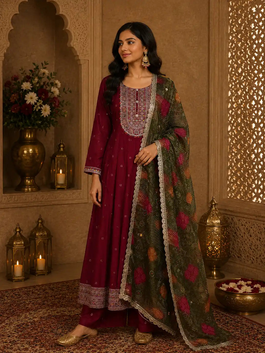 Deep Maroon Floral Embroidered Design Silk Anarkali Salwar Suit with Contrast Dupatta