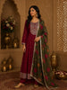 Deep Maroon Floral Embroidered Design Silk Anarkali Salwar Suit with Contrast Dupatta