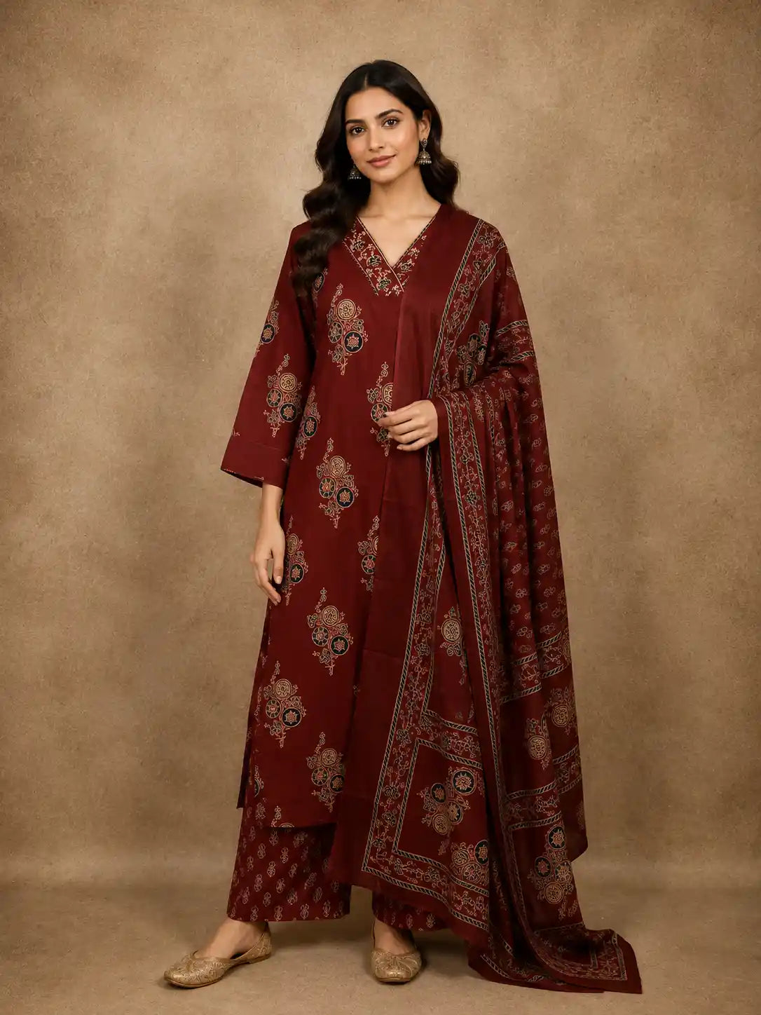 Deep Maroon Floral Printed Design Cotton Salwar Suit with Dupatta
