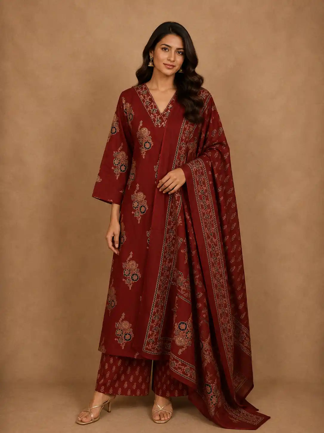 Deep Maroon Floral Printed Design Cotton Salwar Suit with Dupatta
