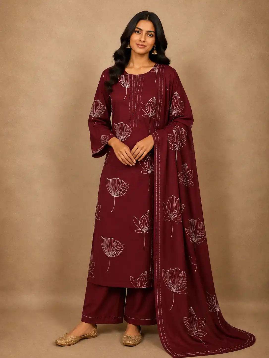 Deep Maroon Floral Printed Design Cotton Straight Cut Salwar Suit
