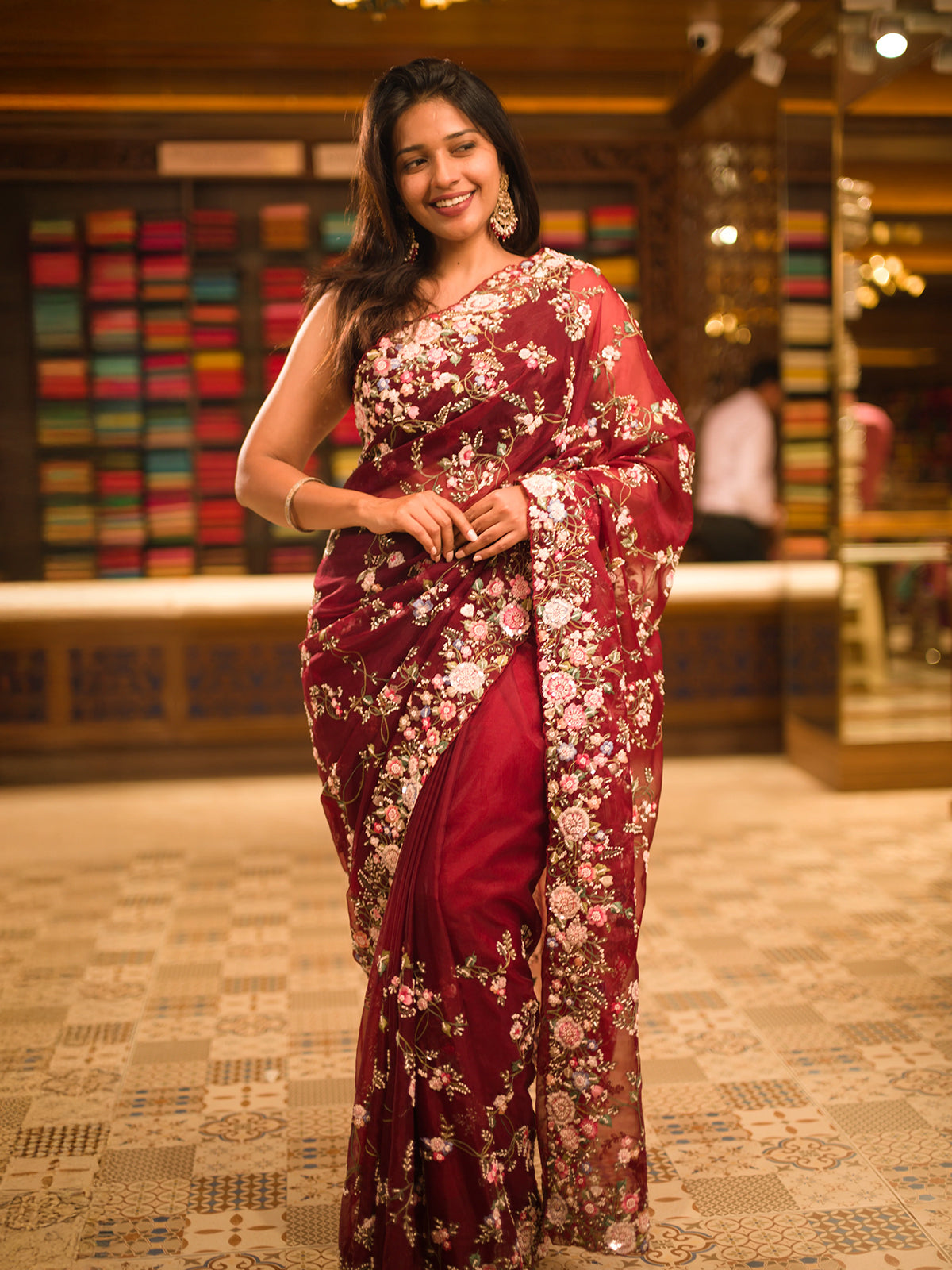 Deep Maroon Floral Sequins and Beads Embroidered Design Net Designer Saree with Scalloped Border
