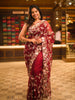 Deep Maroon Floral Sequins and Beads Embroidered Design Net Designer Saree with Scalloped Border