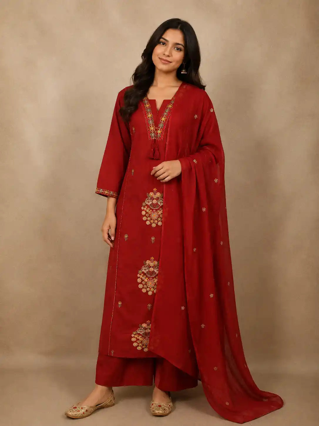 Deep Maroon Floral Thread Embroidered Design Cotton Straight Cut Salwar Suit with Dupatta