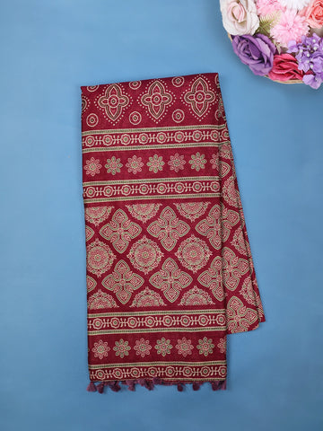 Deep Maroon classic ajrakh pattern Printed Cotton Saree - Diadem