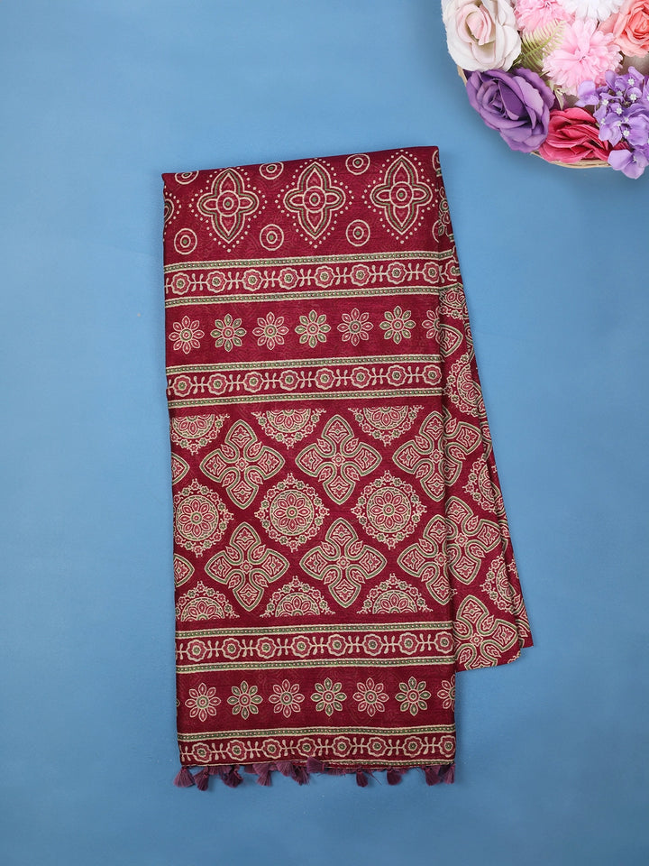 Deep Maroon classic ajrakh pattern Printed Cotton Saree - Diadem