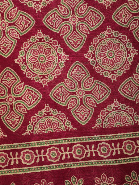 Deep Maroon classic ajrakh pattern Printed Cotton Saree - Diadem