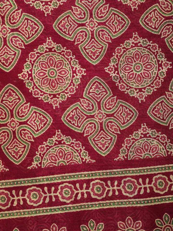 Deep Maroon classic ajrakh pattern Printed Cotton Saree - Diadem