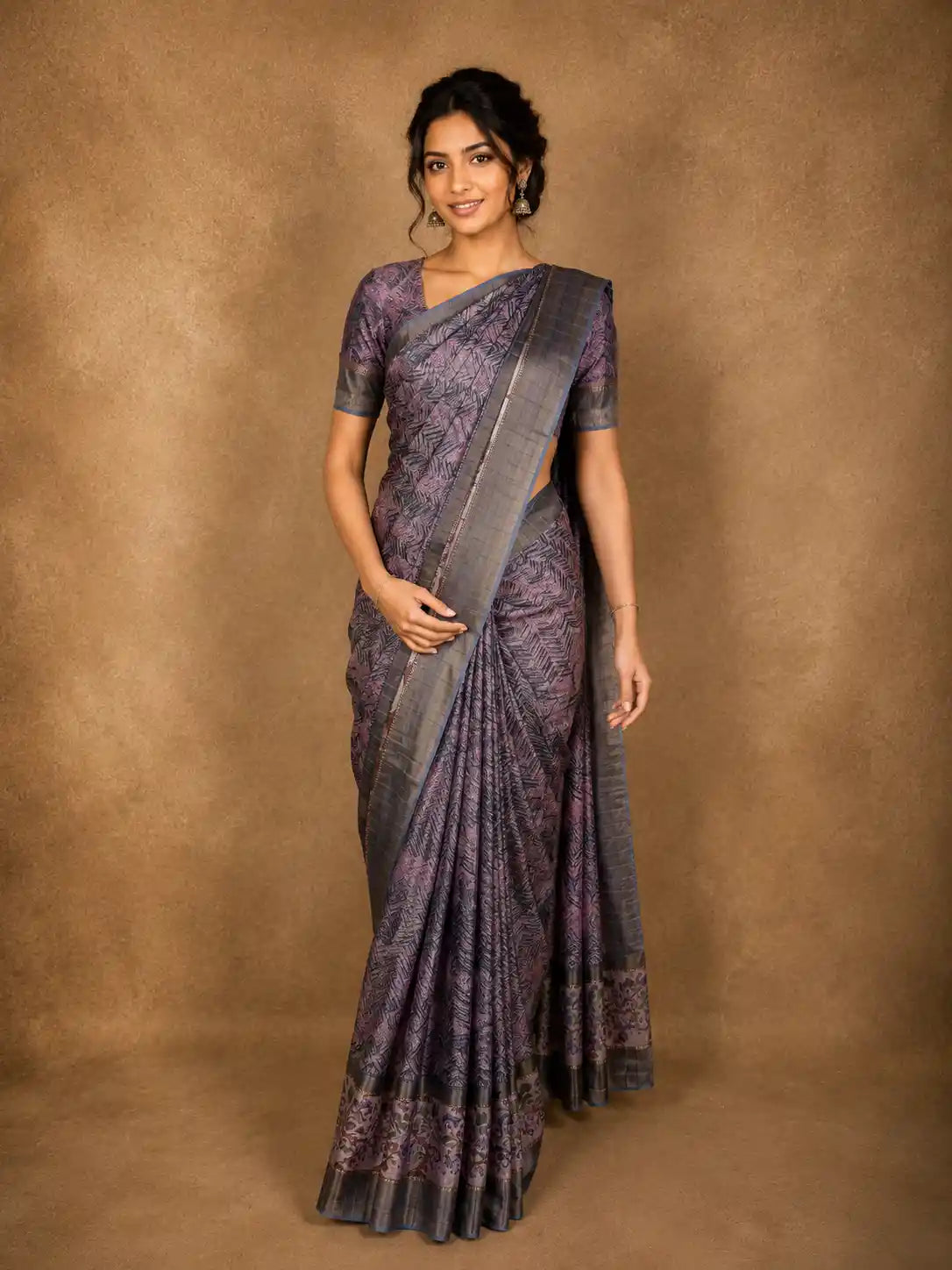 Deep Mauve Purple Floral Printed Design Semi Tussar Saree