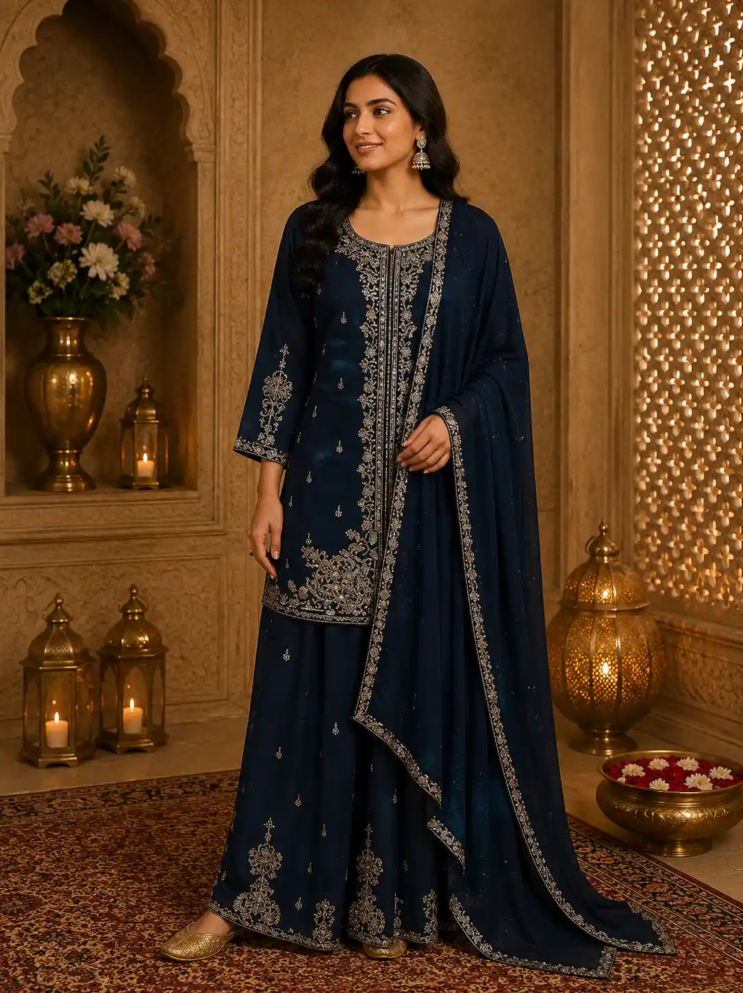 Deep Midnight Teal Blue Floral Zari Embroidered Design Georgette Palazzo Suit with Dupatta