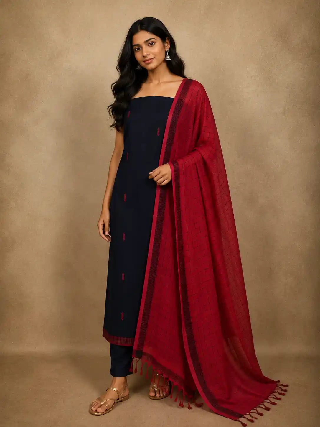 Deep Navy Blue Butta Woven Design Pure Cotton Unstitched Salwar Material with Contrast Dupatta