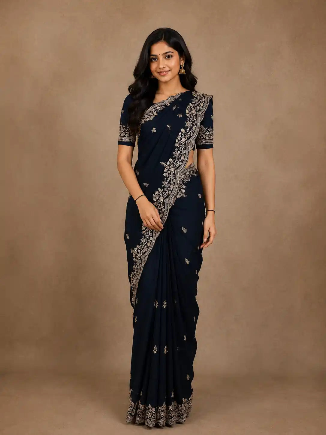 Deep Navy Blue Floral Embroidered Sequence Design Satin Saree