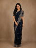 Deep Navy Blue Floral Embroidered Sequence Design Satin Saree