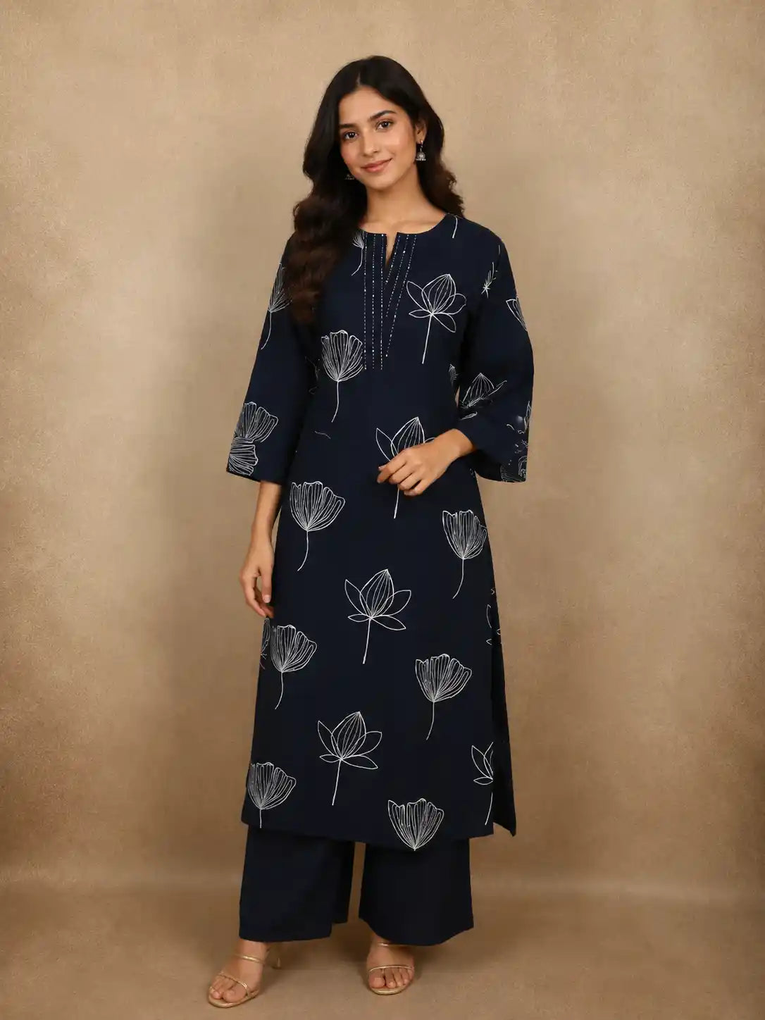 Deep Navy Blue Floral Thread Embroidered Design Cotton Salwar Suit