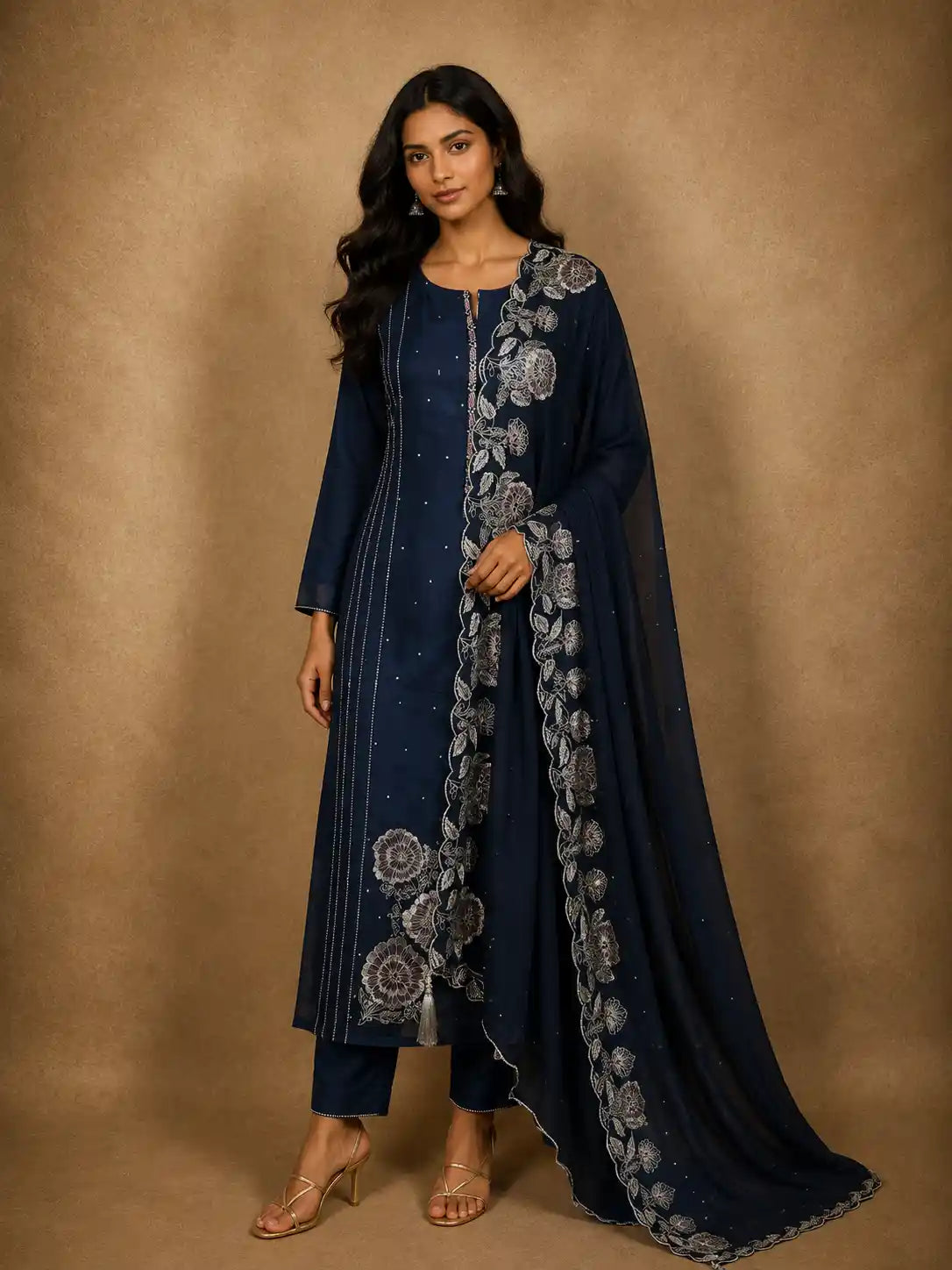 Deep Navy Blue Floral Thread Embroidered Design Cotton Unstitched Salwar Material with Dupatta