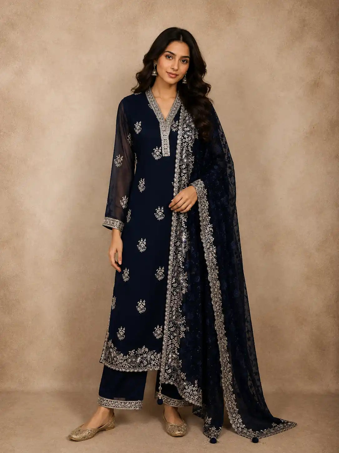 Deep Navy Blue Floral Zari Embroidered Design Georgette Salwar Suit with Dupatta