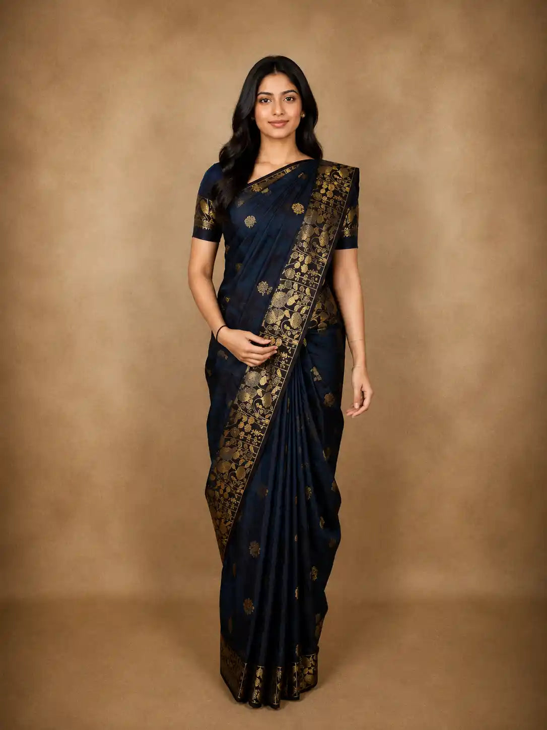 Deep Navy Blue Floral Zari Woven Design Pure Kanchipuram Silk Saree with Contrast Floral Zari Border