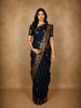 Deep Navy Blue Floral Zari Woven Design Pure Kanchipuram Silk Saree with Contrast Floral Zari Border