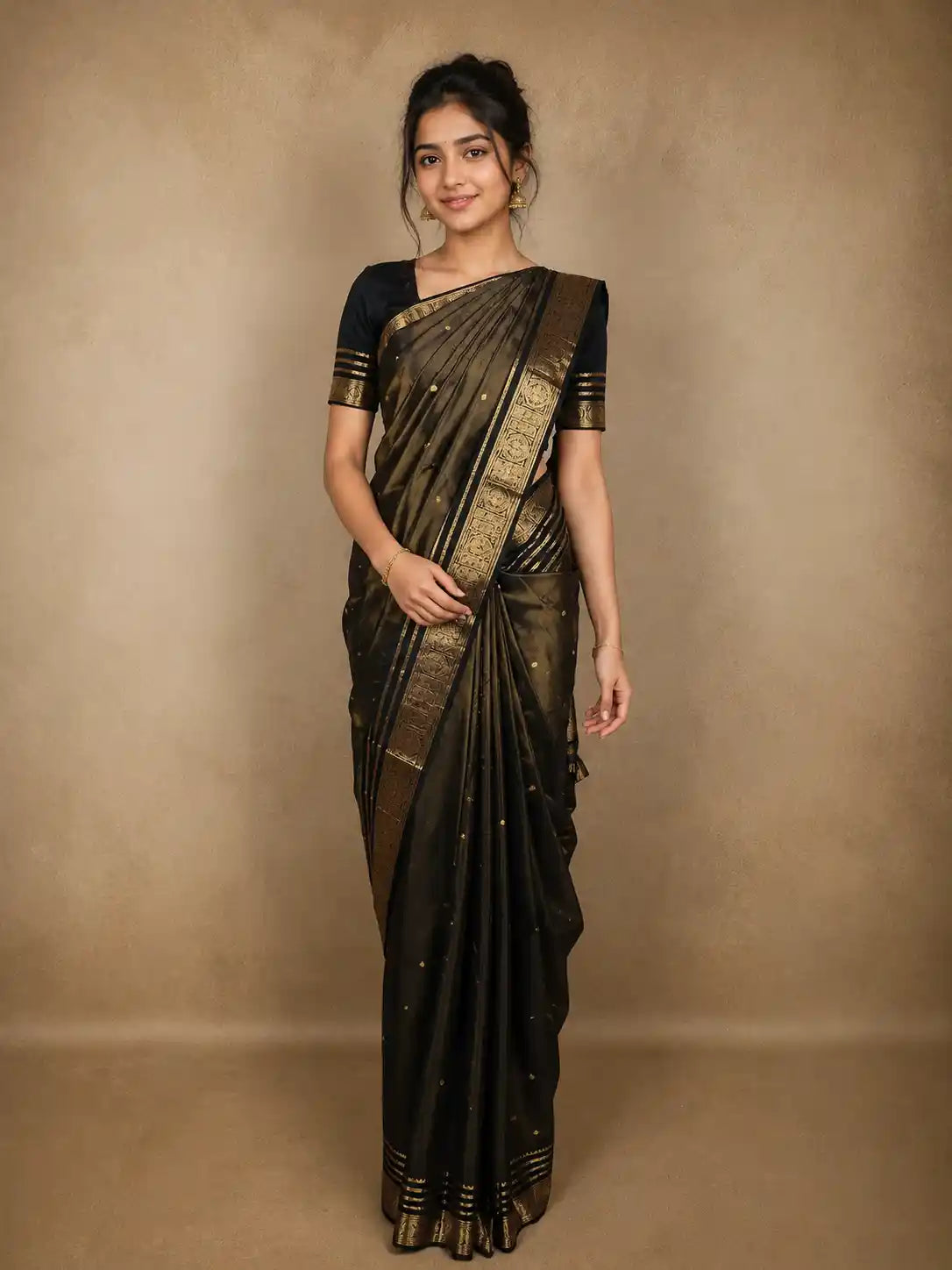 Deep Olive Green Butta Zari Woven Design Pure Kanchipuram Silk Saree with Zari Border