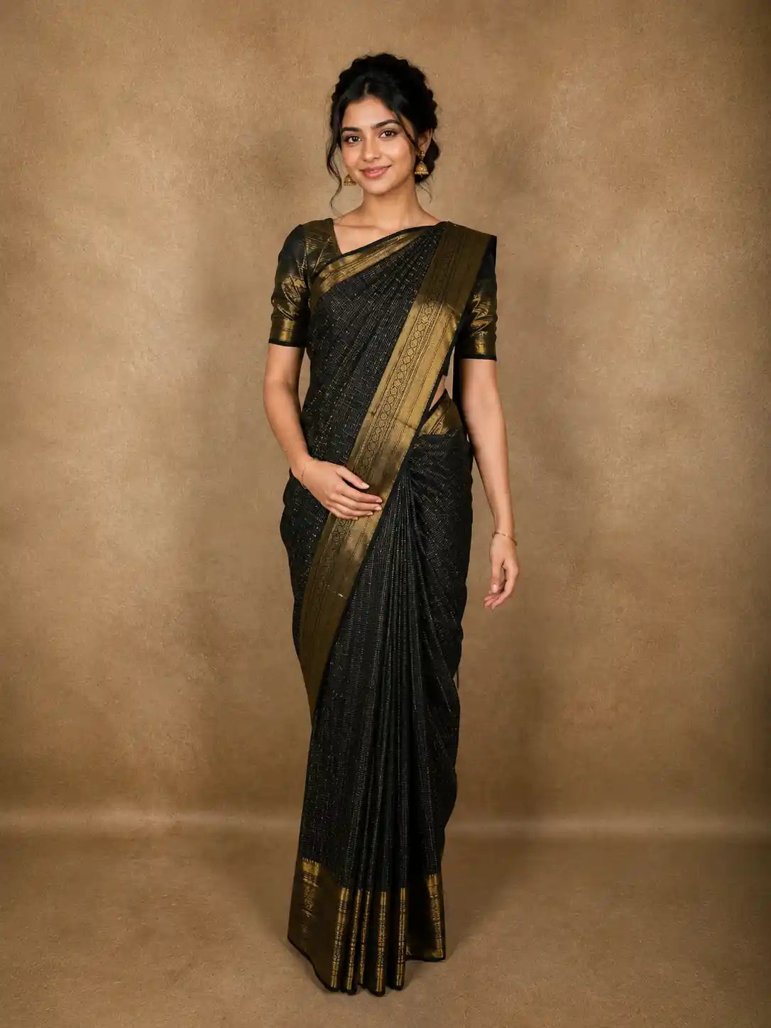 Deep Olive Green Checked Zari Woven Design Pure Kanchipuram Silk Saree with Zari Border