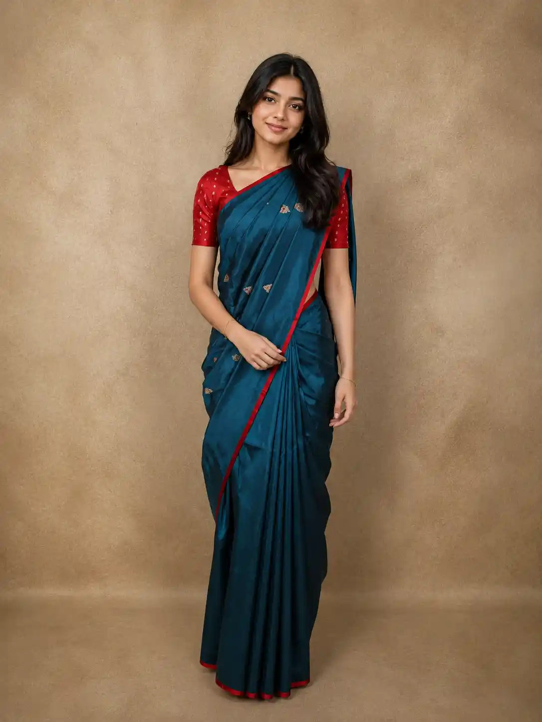 Deep Peacock Teal Blue Butta Zari Woven Design Pure Banarasi Silk Saree with Contrast Red Border