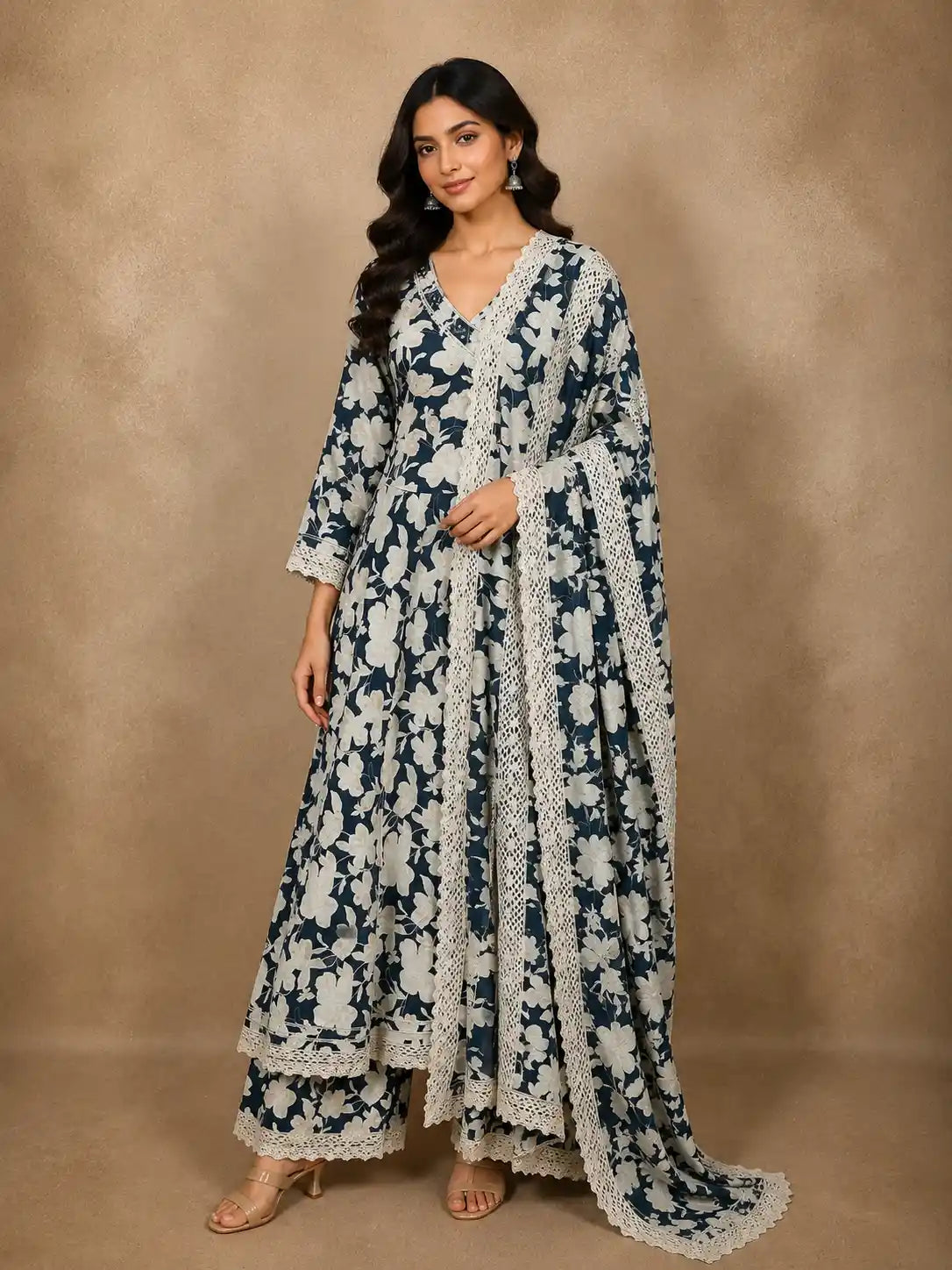 Deep Peacock Teal Blue Floral Printed Design Cotton Salwar Suit with Dupatta
