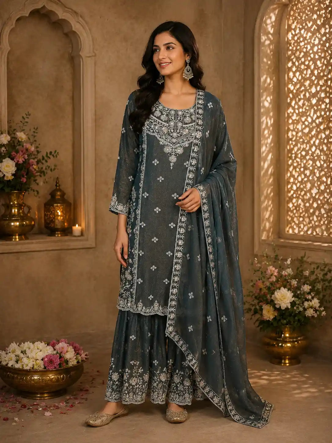 Deep Peacock Teal Blue Floral Sequins Embroidered Design Organza Sharara Suit With Dupatta
