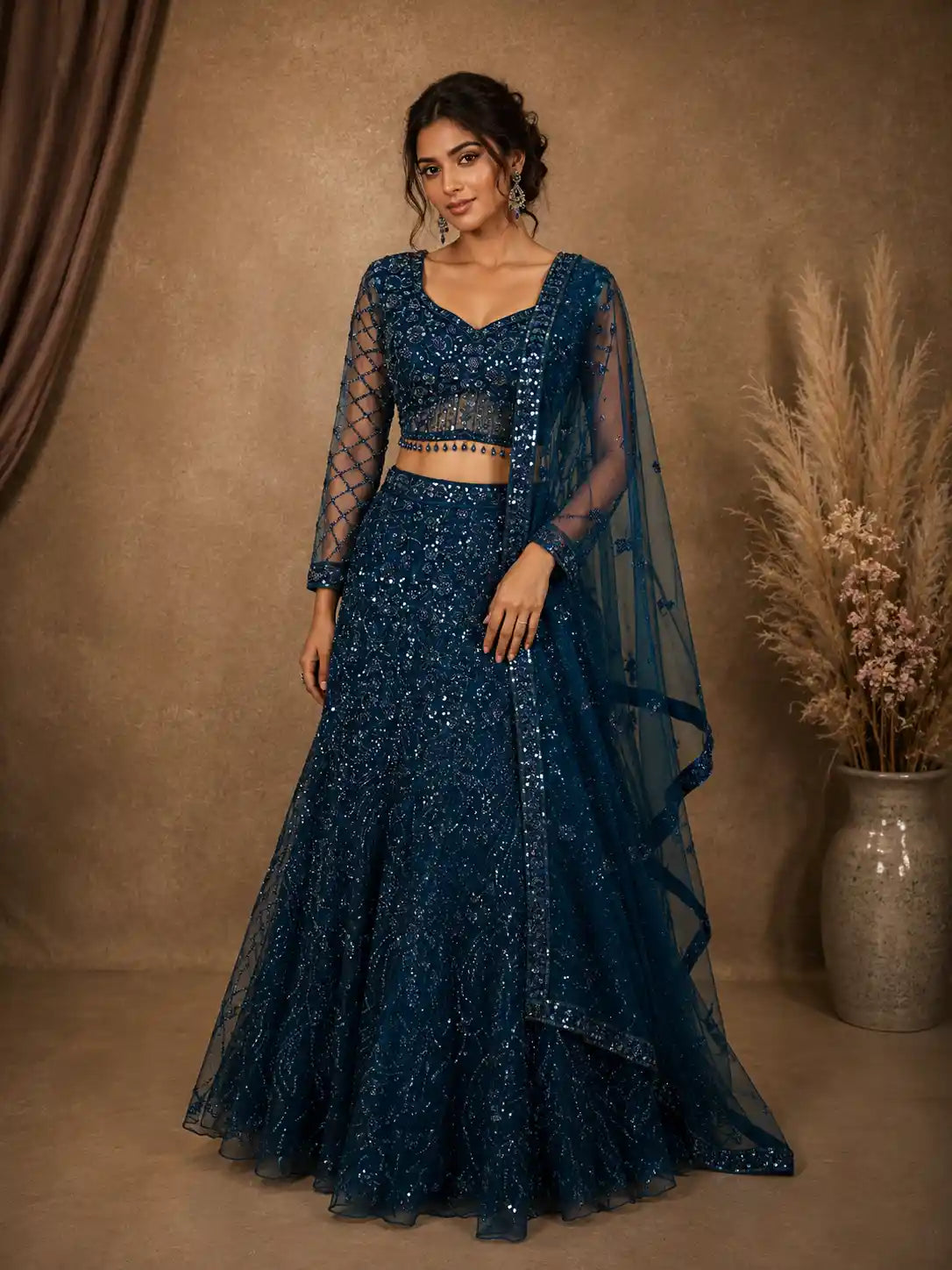 Deep Peacock Teal Blue Floral Sequins and Beads Embroidered Design Net Mermaid Lehenga with Dupatta