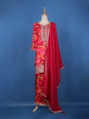 Deep Pink Embroidered Design Floral Print Tussar Silk Plazzo Salwar - Diadem