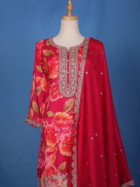 Deep Pink Embroidered Design Floral Print Tussar Silk Plazzo Salwar - Diadem