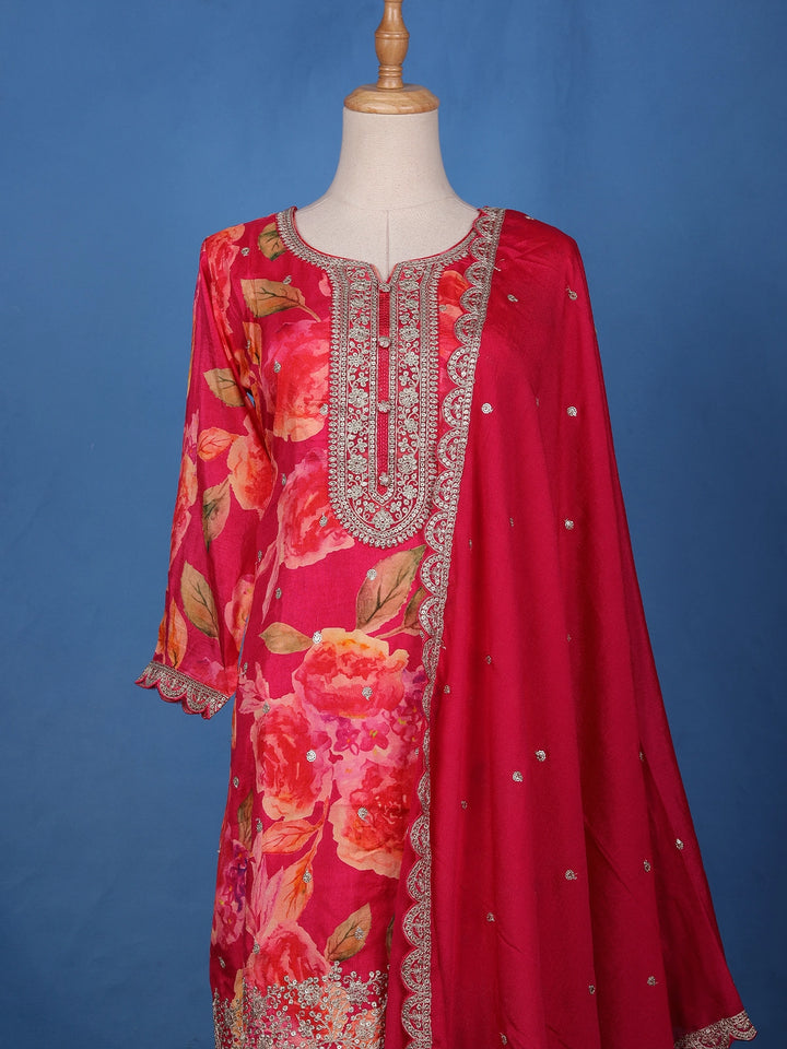 Deep Pink Embroidered Design Floral Print Tussar Silk Plazzo Salwar - Diadem