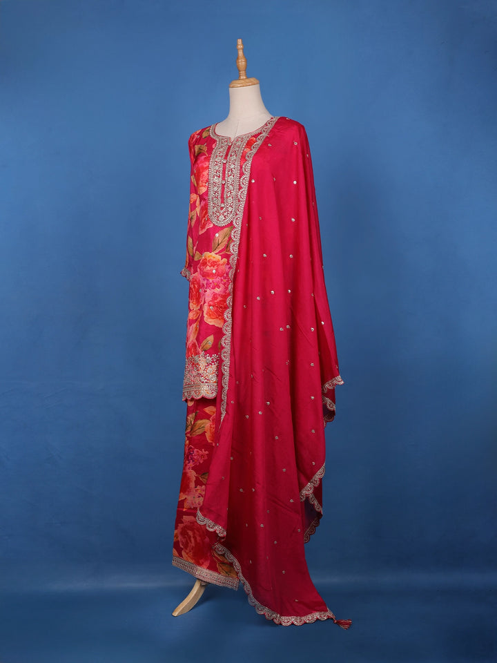 Deep Pink Embroidered Design Floral Print Tussar Silk Plazzo Salwar - Diadem