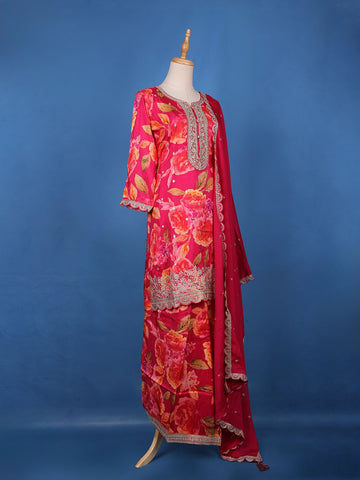 Deep Pink Embroidered Design Floral Print Tussar Silk Plazzo Salwar - Diadem