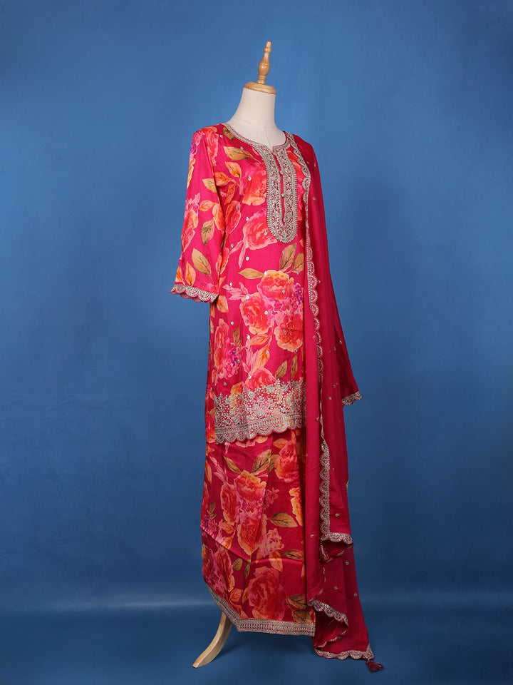Deep Pink Embroidered Design Floral Print Tussar Silk Plazzo Salwar - Diadem