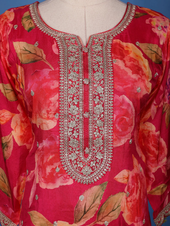 Deep Pink Embroidered Design Floral Print Tussar Silk Plazzo Salwar - Diadem