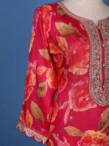 Deep Pink Embroidered Design Floral Print Tussar Silk Plazzo Salwar - Diadem