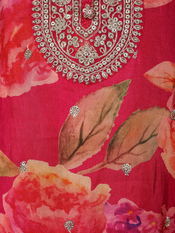 Deep Pink Embroidered Design Floral Print Tussar Silk Plazzo Salwar - Diadem