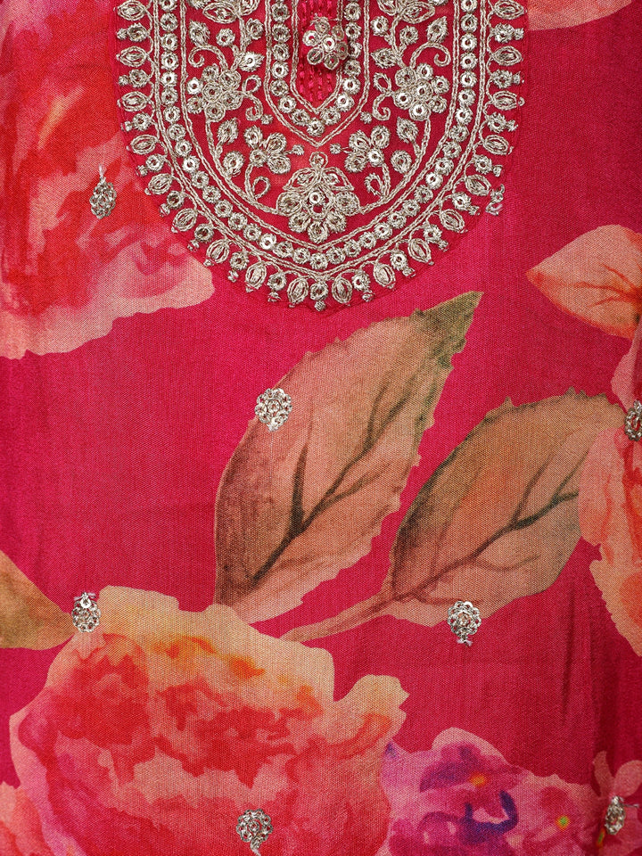 Deep Pink Embroidered Design Floral Print Tussar Silk Plazzo Salwar - Diadem