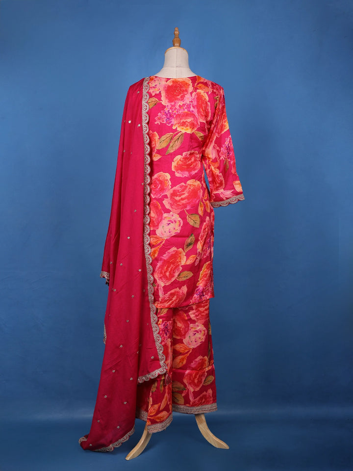 Deep Pink Embroidered Design Floral Print Tussar Silk Plazzo Salwar - Diadem
