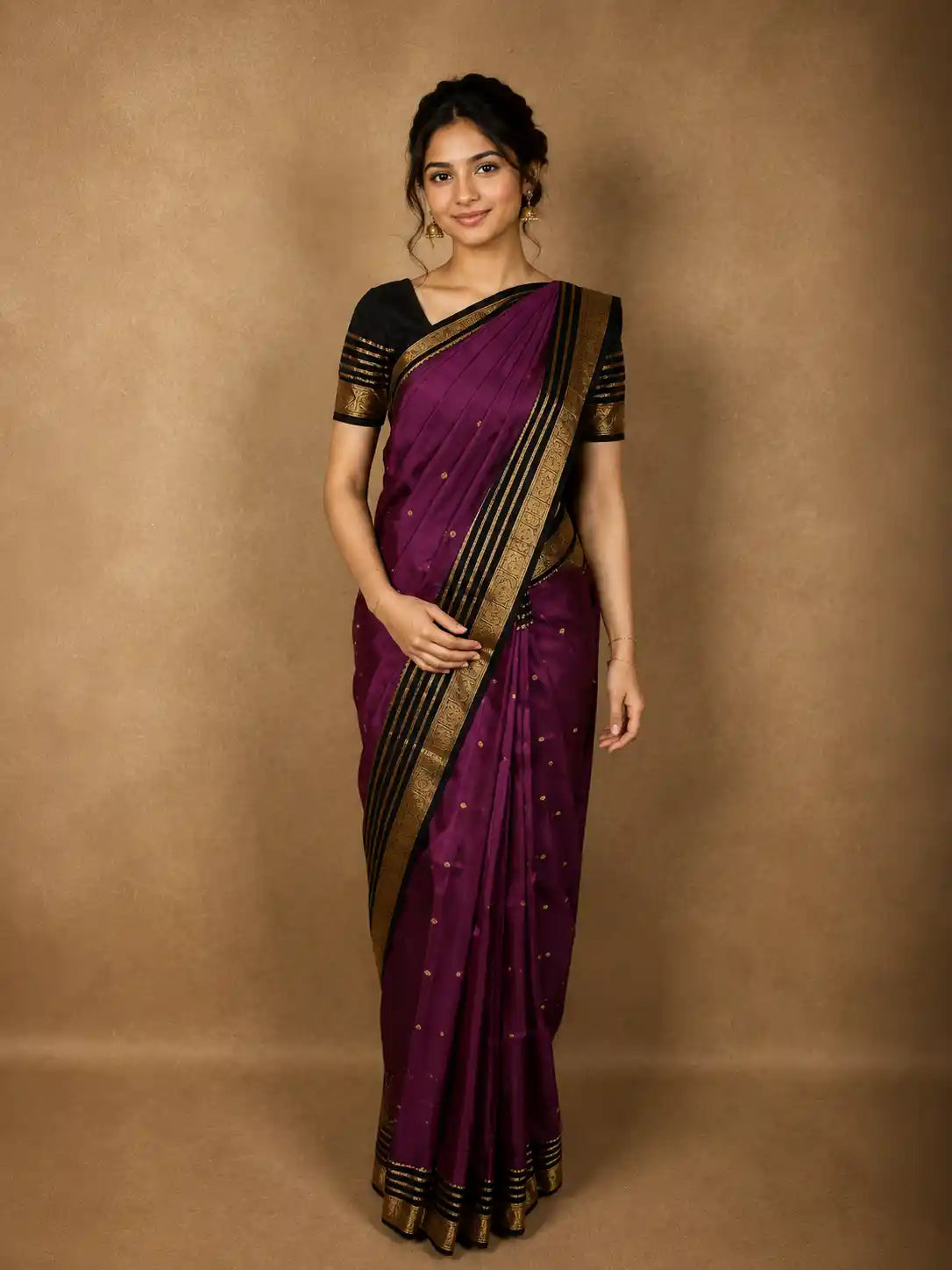 Deep Plum Purple Butta Zari Woven Design Pure Kanchipuram Silk Saree with Contrast Striped Zari Border
