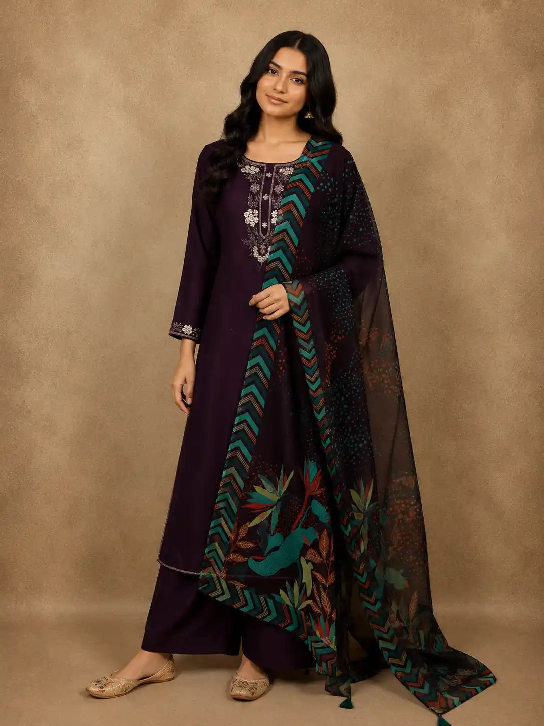 Deep Plum Purple Floral Beads Embroidered Design Cotton Palazzo Suit with Floral Dupatta