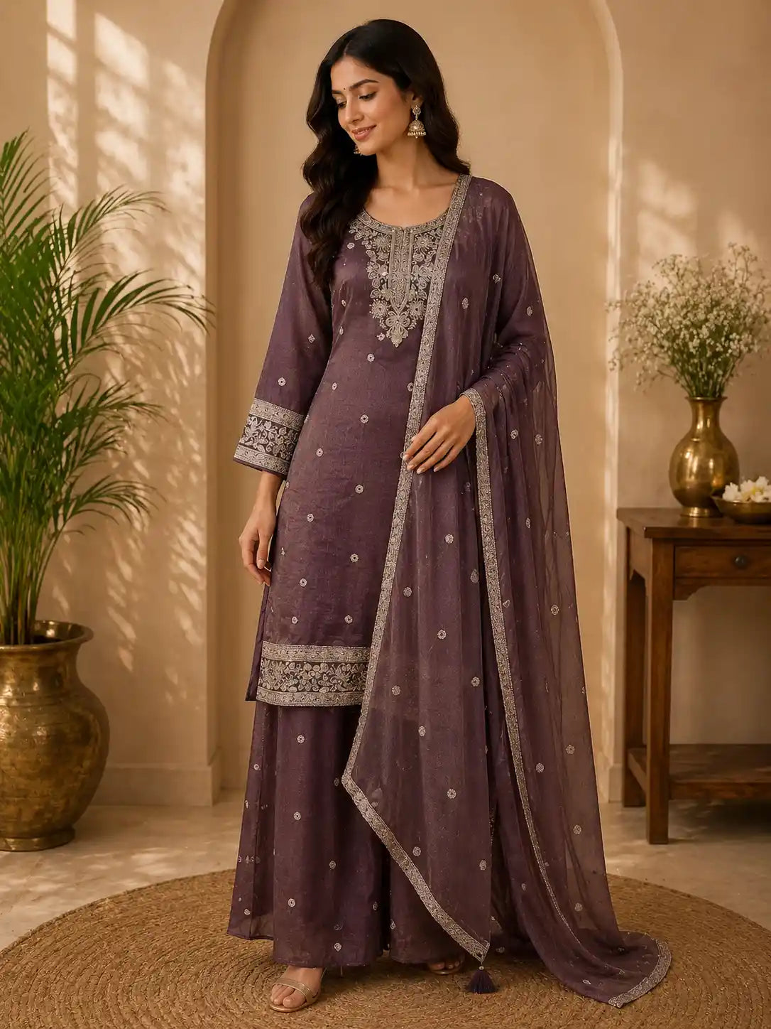 Deep Plum Wine Purple Floral Zari Embroidered Design Tissue Organza Palazzo Suit with Dupatta