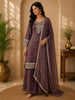 Deep Plum Wine Purple Floral Zari Embroidered Design Tissue Organza Palazzo Suit with Dupatta