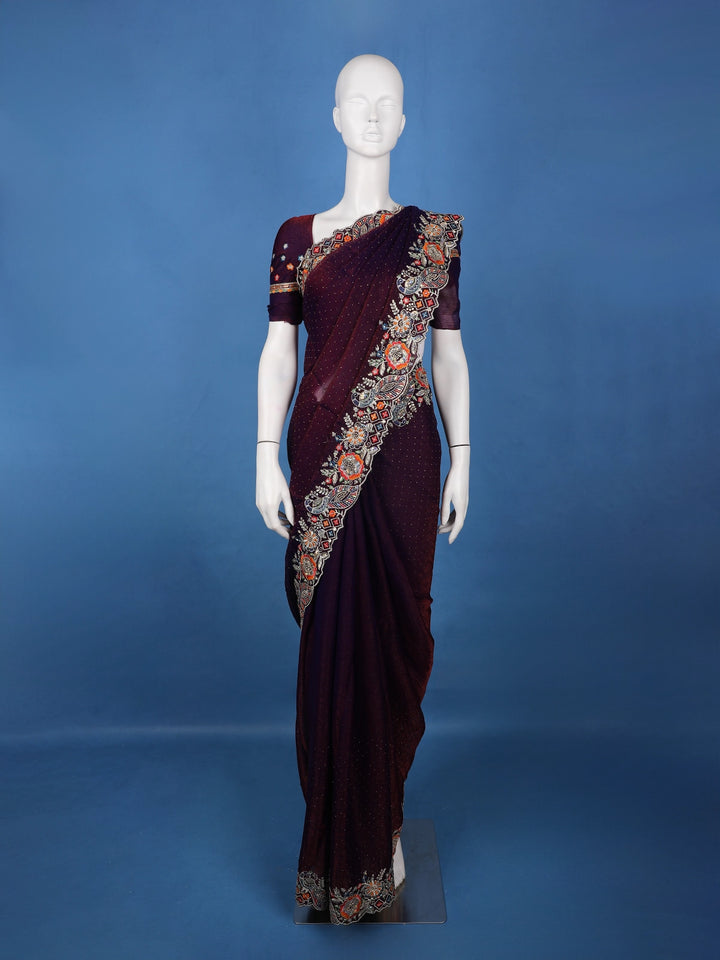 Deep Purple Embroidered Georgette Saree - Diadem