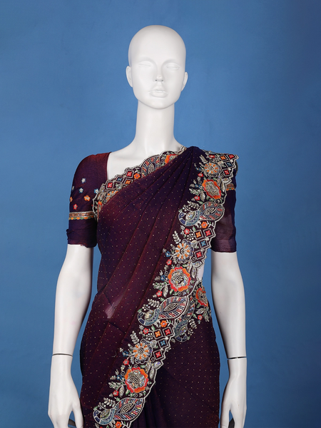 Deep Purple Embroidered Georgette Saree - Diadem