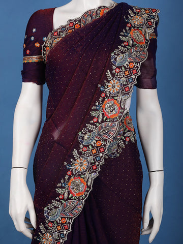 Deep Purple Embroidered Georgette Saree - Diadem