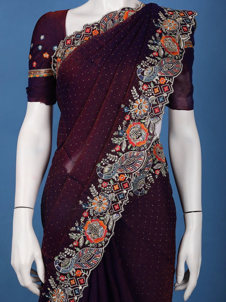 Deep Purple Embroidered Georgette Saree - Diadem