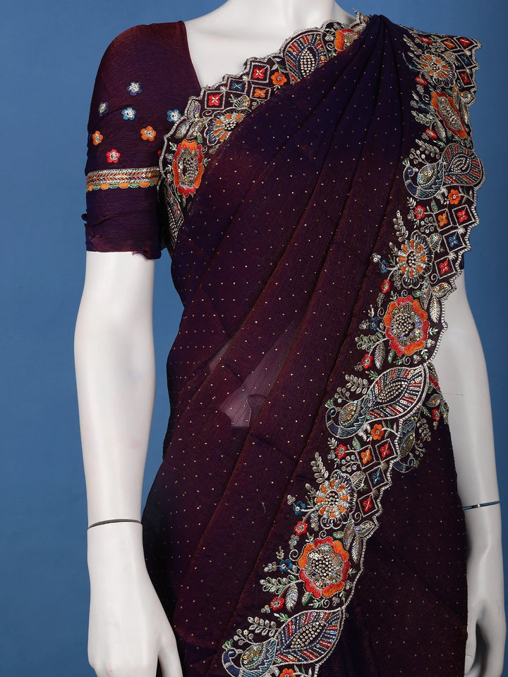 Deep Purple Embroidered Georgette Saree - Diadem