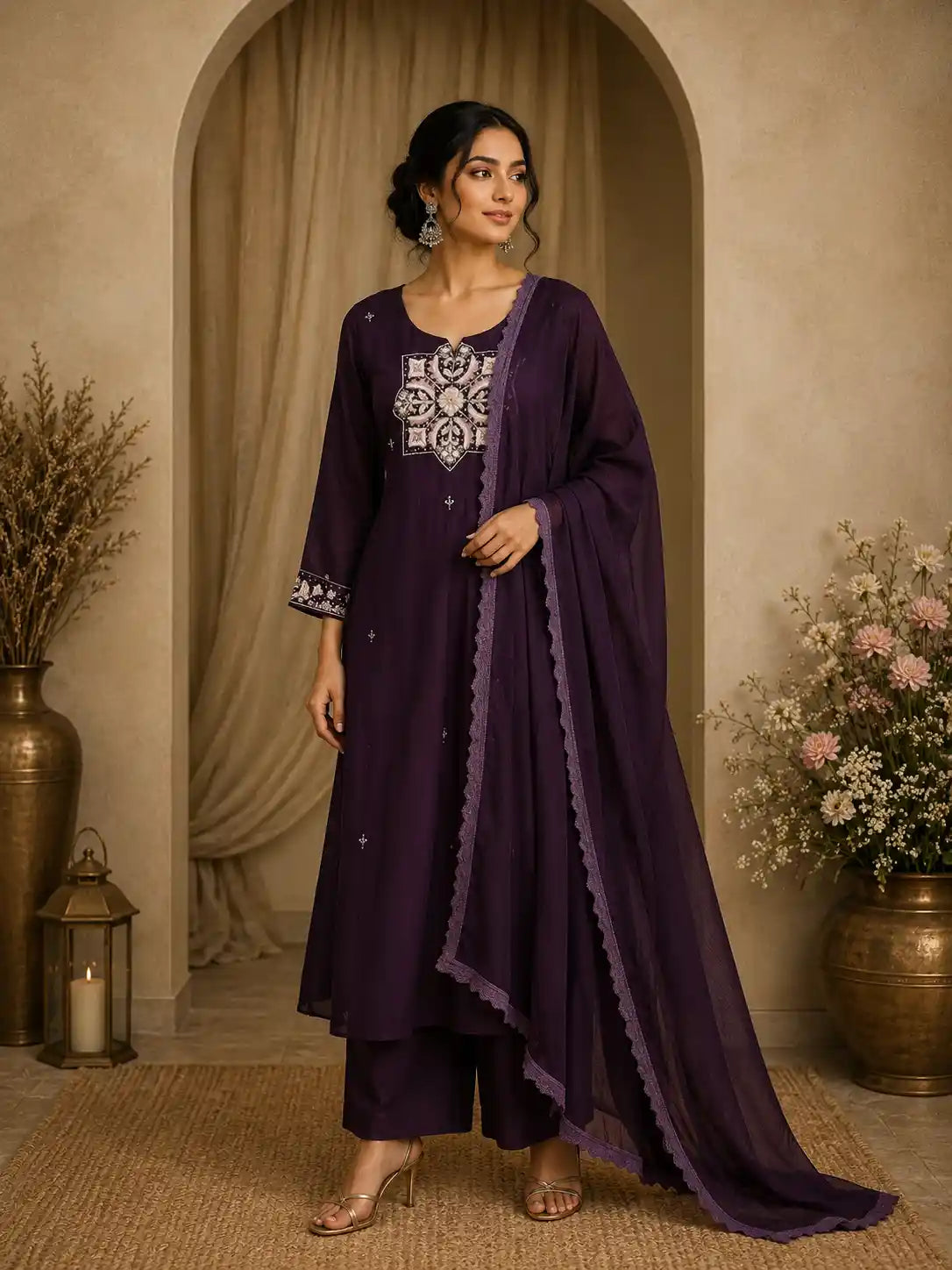 Deep Purple Floral Thread Embroidered Design Cotton Straight Cut Salwar Suit
